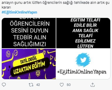 Öğrenciler sağlıkları için #EğitimiOnlineYapın diye haykırıyor