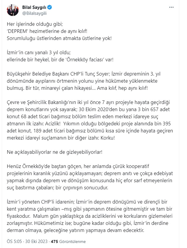 AK Partili Saygılı’dan Başkan Soyer’e ‘Deprem’ cevabı: ’Ellerinde bir heykel, bir de ‘Örnekköy faciası’ var!’’