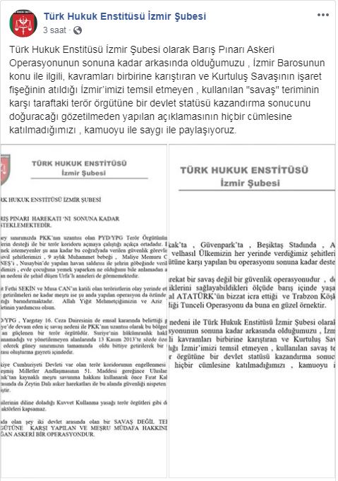 İZMİR BAROSU'NUN BARIŞ PINARI HAREKATI AÇIKLAMASINA TEPKİ YAĞIYOR
