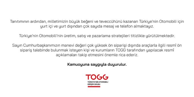 Yerli otomobil için ön sipariş açıklaması