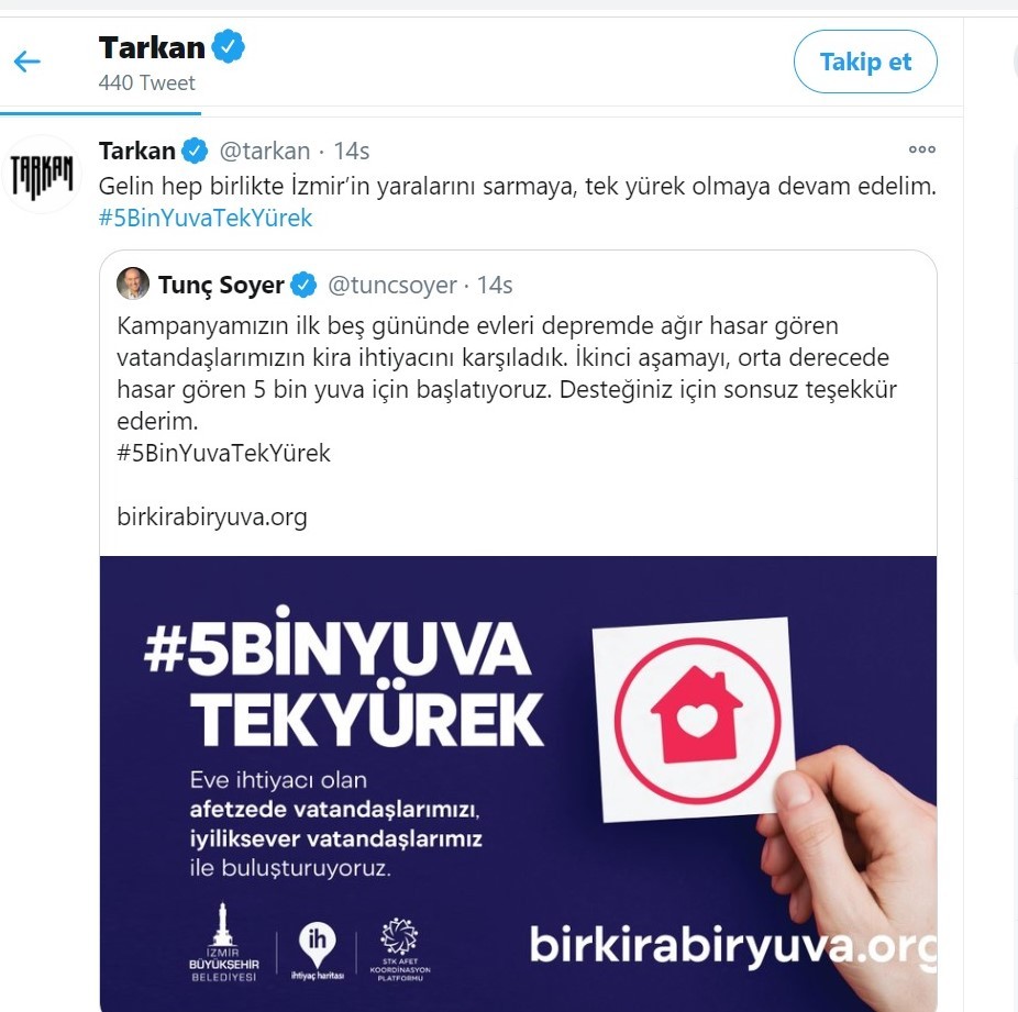 TARKAN'DAN İZMİR DEPREMİ İÇİN DESTEK ÇAĞRISI