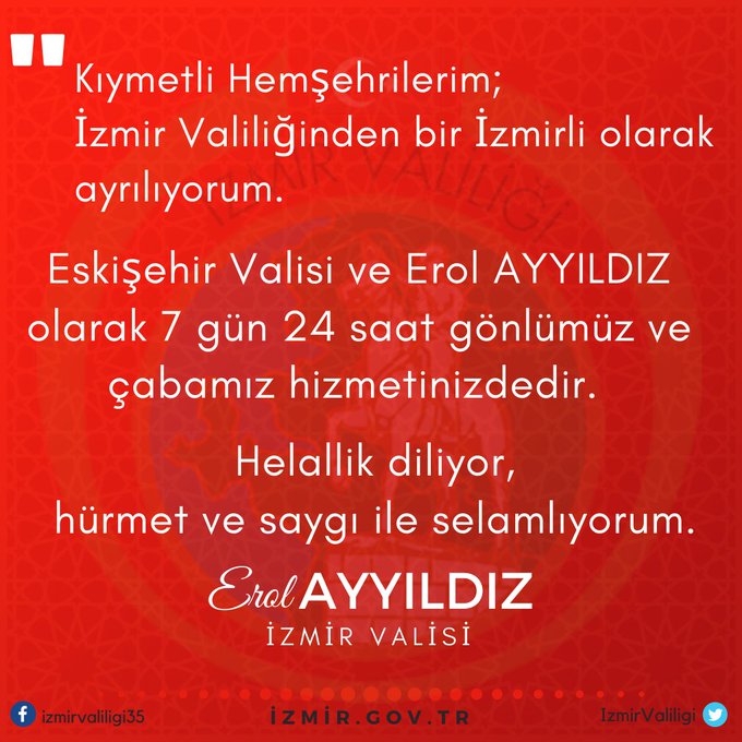 VALİ AYYILDIZ’DAN İZMİR’E VEDA MESAJI