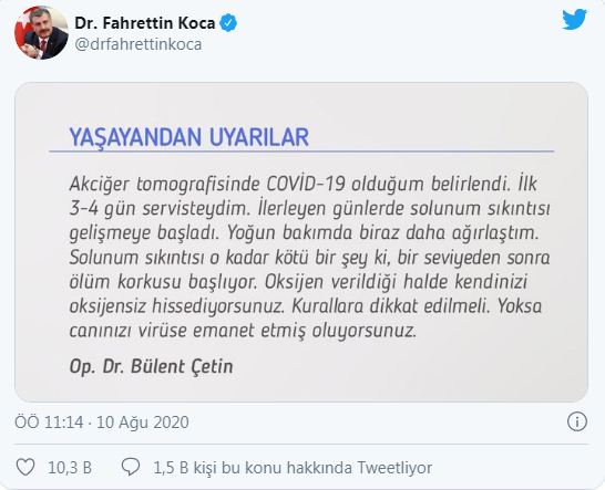Bakan Koca , o doktorun mesajını paylaştı