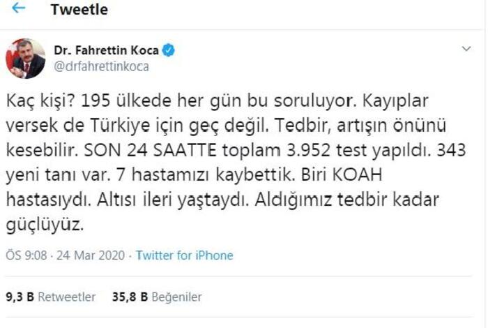 343 YENİ TANI VAR VE 7 HASTAMIZI KAYBETTİK