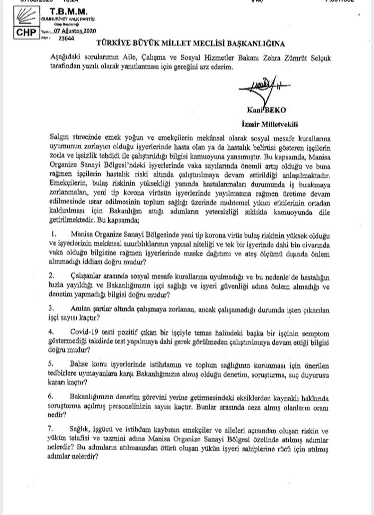 İZMİR MİLLETVEKİLİ BEKO'DAN BAKANLIĞA ÖNERGE