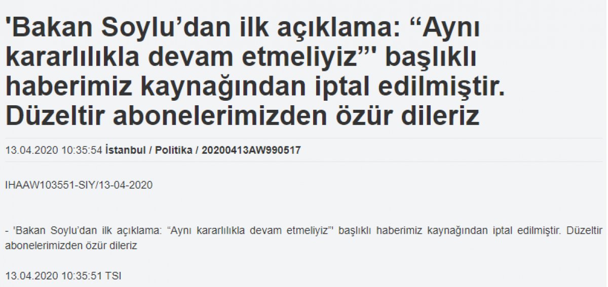 İHA, 'Soylu'dan ilk açıklama' haberini geri çekti, abonelerinden özür diledi
