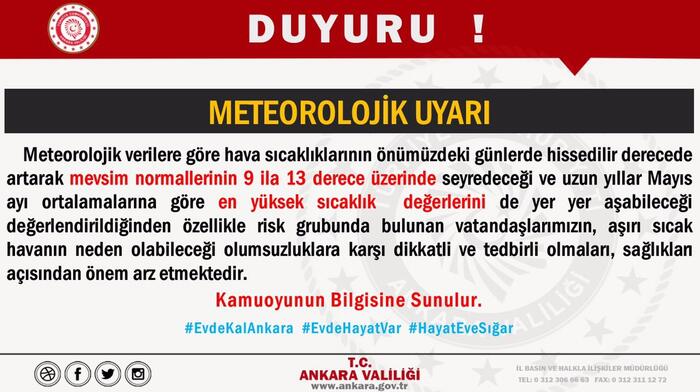 Ankara Valiliği'nden 'sıcak hava' uyarısı