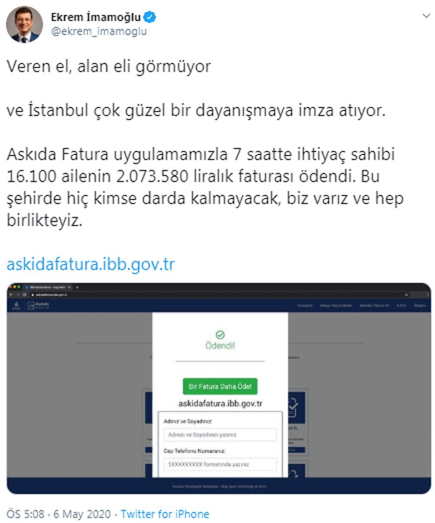 7 saatte 16 bin 100 ailenin faturası ödendi