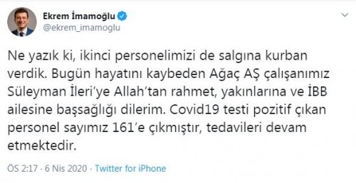 İBB'de koronadan bir kişi daha hayatını kaybetti