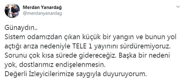 TELE1'de yangın çıktı, yayın yapılamıyor!