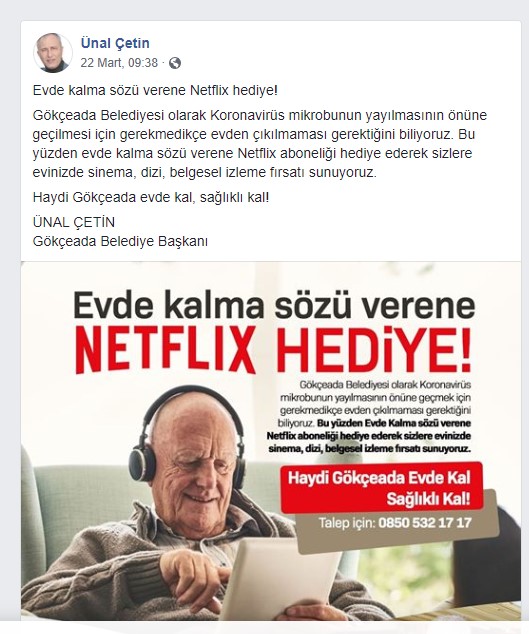 Belediyeden evde kalma sözü verene Netflix hediyesi