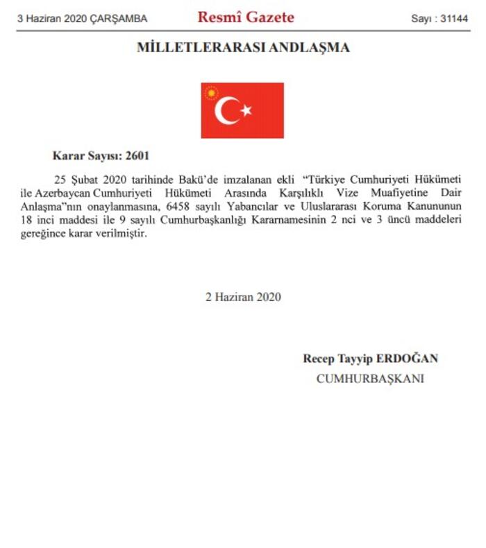 Azerbaycan'la vizeler karşılıklı olarak kaldırıldı