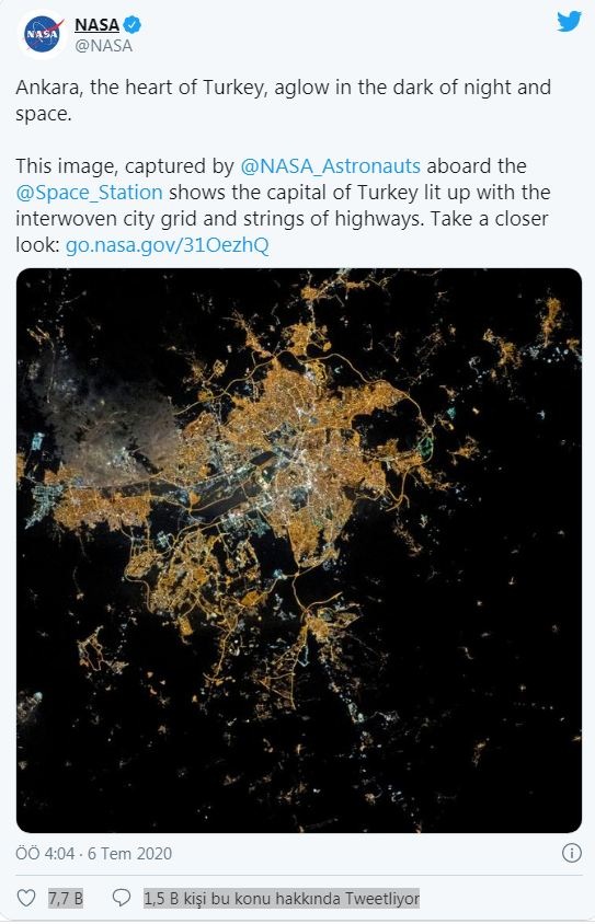NASA'dan büyük ilgi gören 'Ankara' paylaşımı