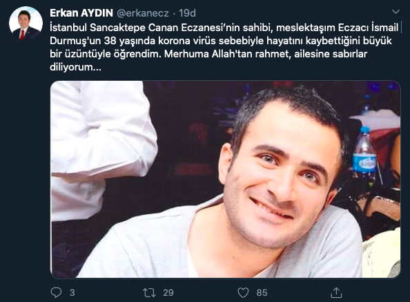 İstanbul'da 38 yaşındaki eczacı koronavirüs nedeniyle yaşamını yitirdi