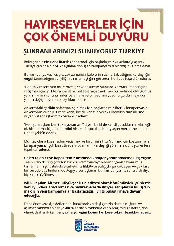 Ankara Büyükşehir Belediyesi kampanyanın bittiğini duyurdu