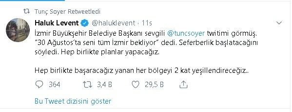 HALUK LEVENT'İN 'AĞAÇ KAMPANYASINA' SOYER'DEN DESTEK