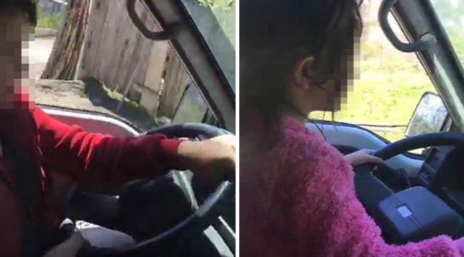 Küçük yaştaki oğlu ve kızını kamyonetin direksiyonuna geçirdi