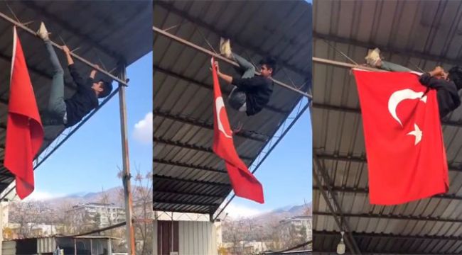 İpi kopan Türk bayrağını canı pahasına düzeltti
