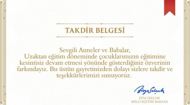 Milli Eğitim Bakanlığı'ndan velilere "Takdir Belgesi"