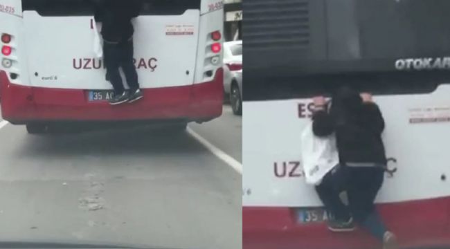 OTOBÜS ARKASINDA TEHLİKELİ YOLCULUK YAPTI