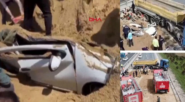 Kum yüklü tır , otomobilin üstüne devrildi!
