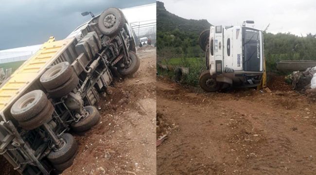 Yük dolu kamyon yoldan çıkıp devrildi