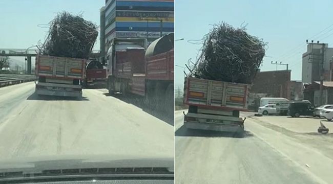 Hatay'da hurda demir yüklü kamyonun tehlikeli yolculuğu