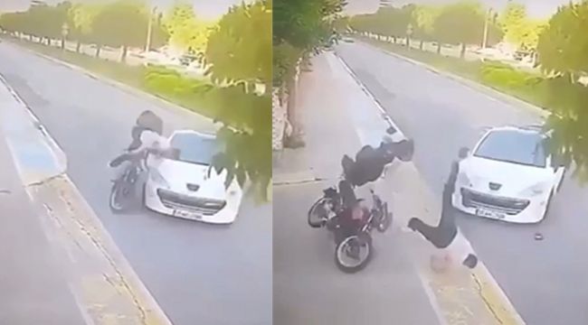 Motosiklet sürücüsü metrelerce havaya uçtu