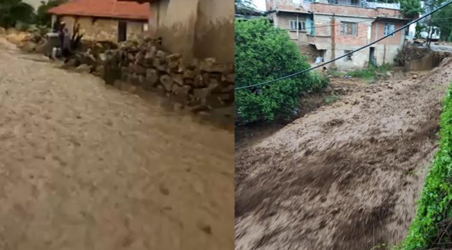 Şiddetli yağış köydeki yolları dereye çevirdi