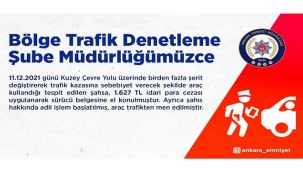 Trafikte birden fazla şerit değiştiren sürücüye bin 627 TL ceza