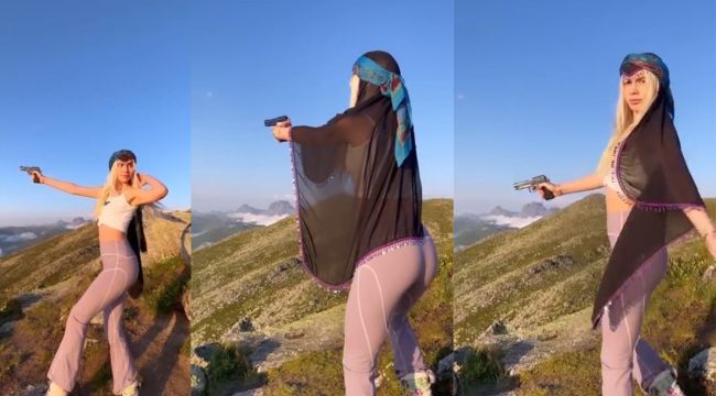 Rize'de yaylaya çıkan Aleyna Tilki eline silah alarak ateş etti