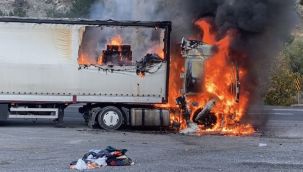 TIR yolun ortasında alevlere kapıldı