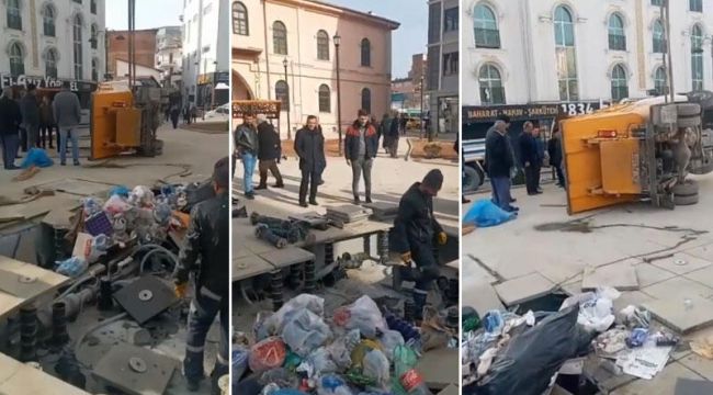 Yapımı süren meydanda zemin çöktü, çöp kamyonu devrildi