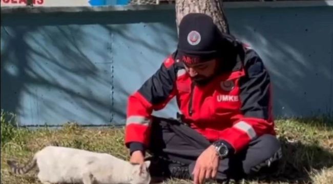 UMKE personeli yemeğini kedi ile paylaştı