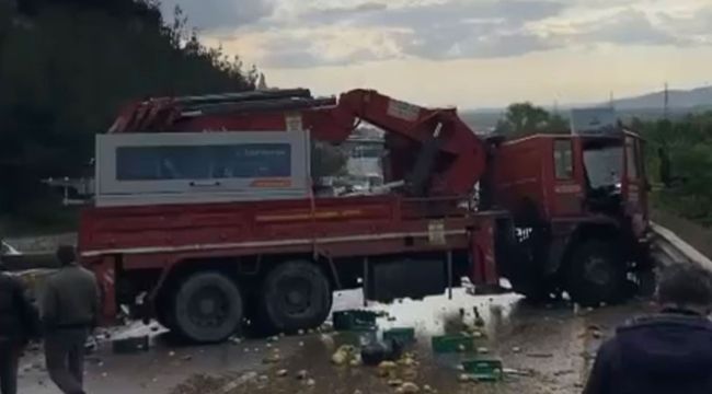 Bursa'da vinç ile kamyon çarpıştı, binlerce kasa meyve ve sebze yola döküldü