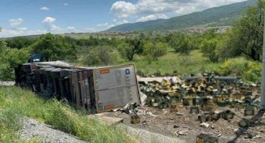 Devrilen tırdaki litrelerce alkol yola döküldü