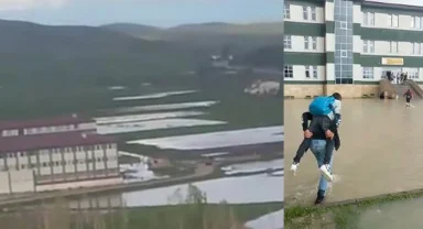 Okul bahçesi sular altında kaldı, öğrenciler birbirini sırtladı