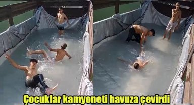 Çocuklar kamyoneti havuza çevirdi
