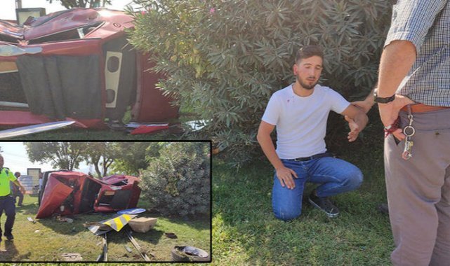 Çöp kamyonu çarpan otomobil takla atı; sürücü kazayı sıyrıklarla atlattı