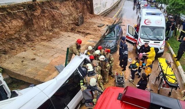 Pendik’te istinat duvarı servis aracının üzerine çöktü