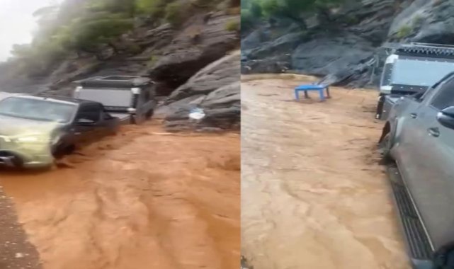 Sel sularına kapılan araçlar metrelerce sürüklendi