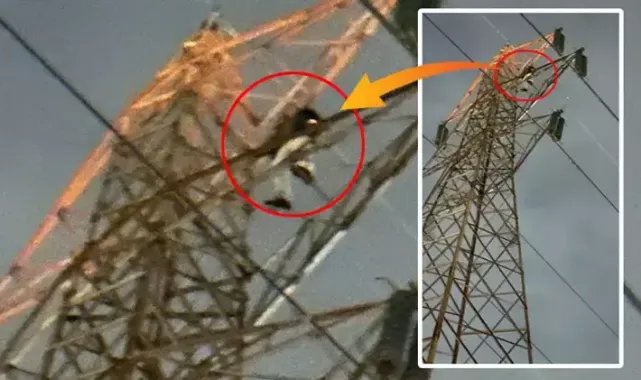 Küçükçekmece'de 50 metrelik elektrik direğine çıkıp kendini ihbar etti