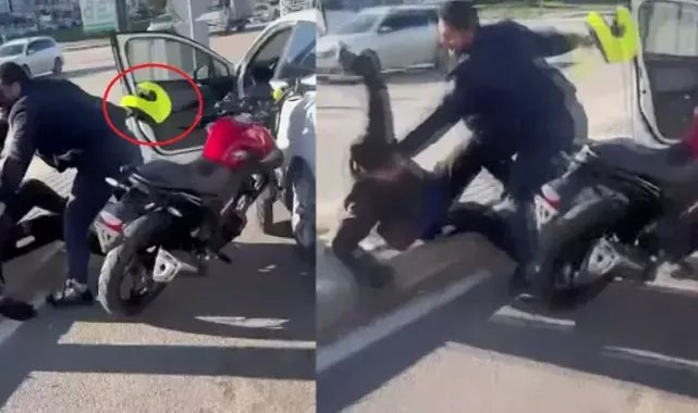 Otomobiline çarpan motosiklet sürücüsünü elinden aldığı kask ile darbetti