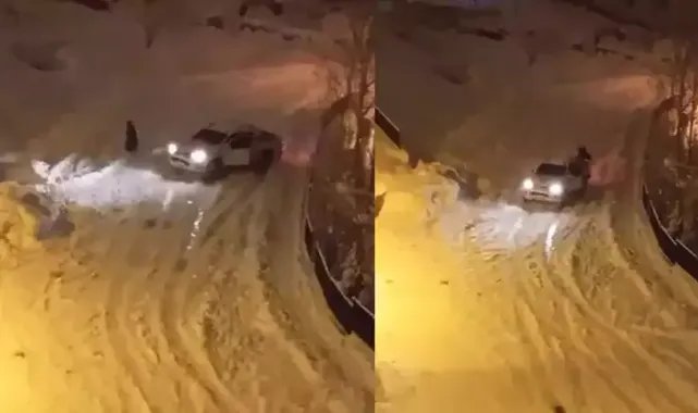 Buz pistine dönen yolda kayan kamyonetin altında kalmaktan son anda kurtuldu