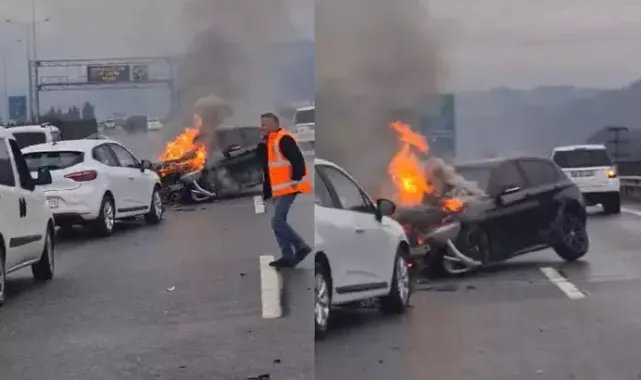 Çarpışan 2 otomobilden 1'i yandı, sürücü aracından çıkarak kurtuldu