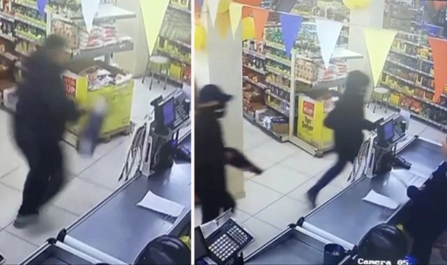 Pompalı tüfekle markete giren gaspçıları paspasla kovaladı