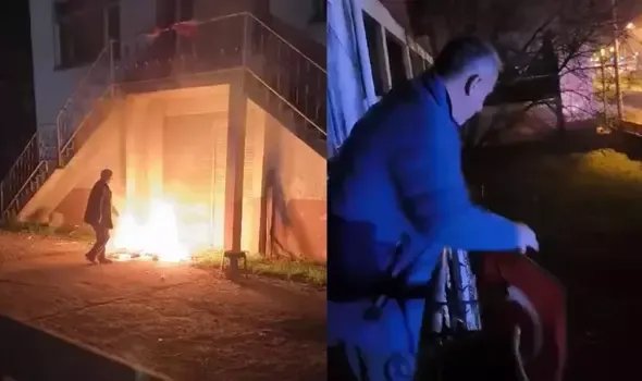 Polis ekipleri, yanma tehlikesi olan Türk bayrağını güvenli yere aldı