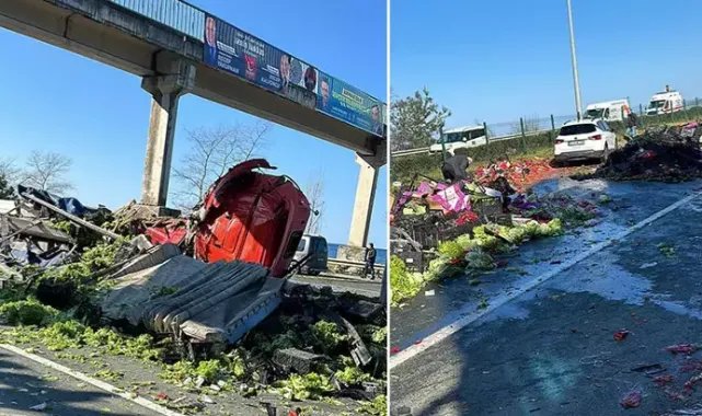 Üst geçit ayağına çarpan TIR’ın sürücü öldü; sebzeler yola döküldü