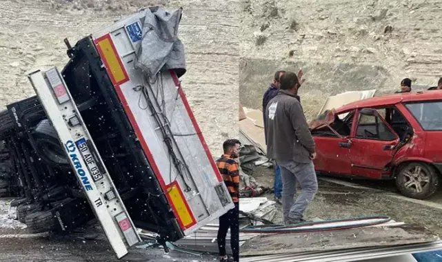 Devrilen TIR’daki malzemeler otomobilin üzerine düştü