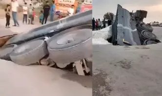Yol çöktü; seyir halindeki kamyon oluşan çukura gömüldü